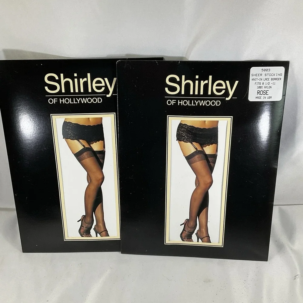Set Of 2 Shirley of Hollywood ROSE Lace-Top Sheer Nylon Stockings Fits 8.5-11